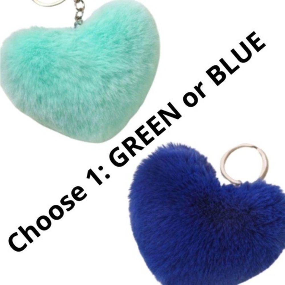 GREEN or BLUE Fluffy Heart Key Chain BRAND NEW